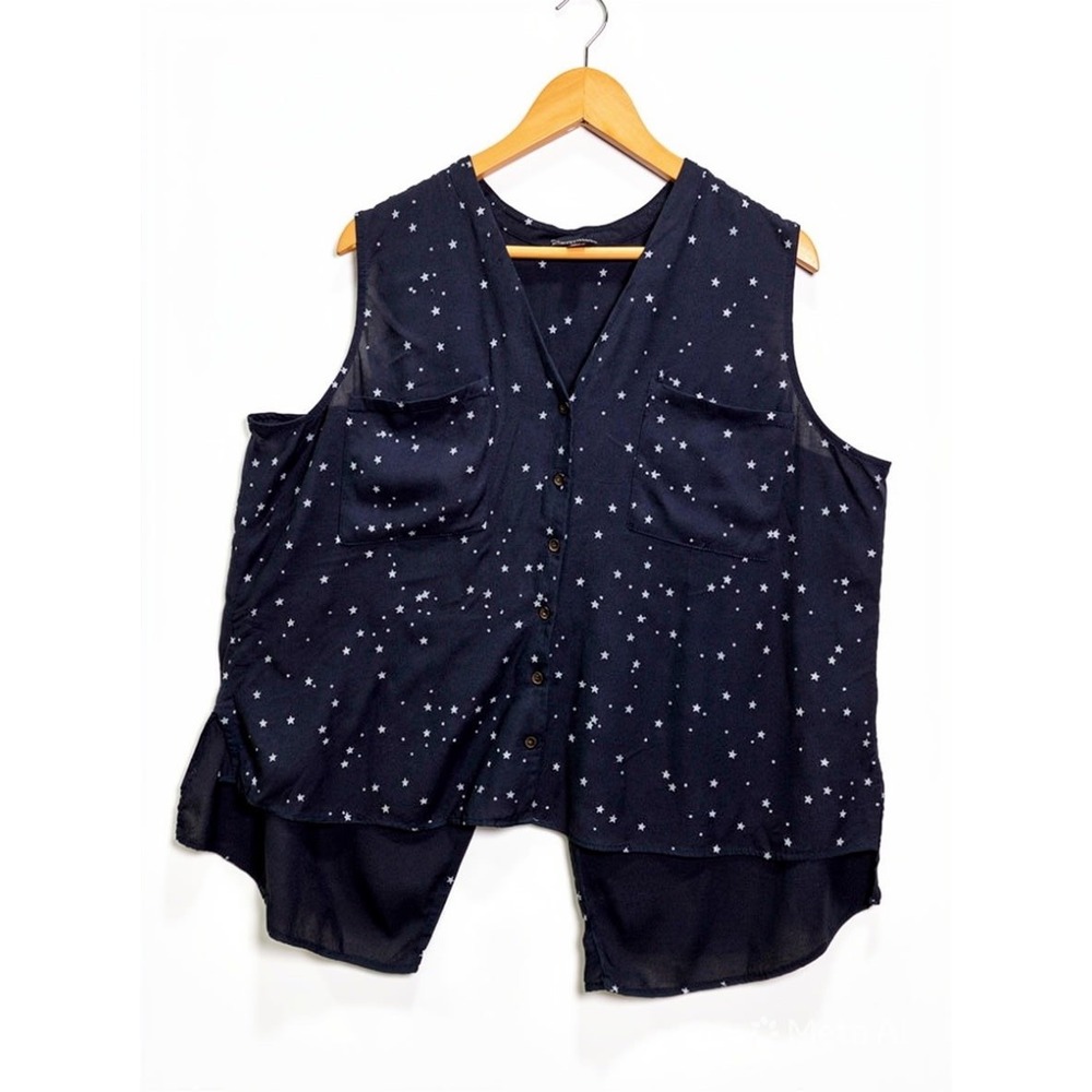 Rock & Republic Navy Blue Star Print Sleeveless Button Down Blouse XXL Americana